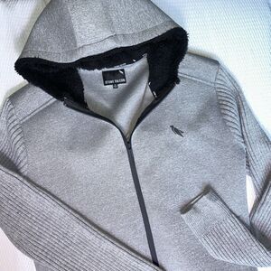 Stone Falcon Sweater Mens Medium Light Gray Full Zip Hooded
